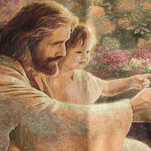 Manual Woodworkers Weavers Wall Tapestry Jesus w Child Precious in His Sight USA - Picture 2 of 8